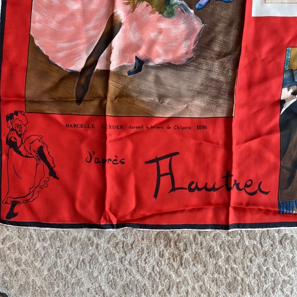 Toulouse Lautrec Moulin Rouge Art Themed Red Silk Scarf, 30” square - Picture 3 of 10